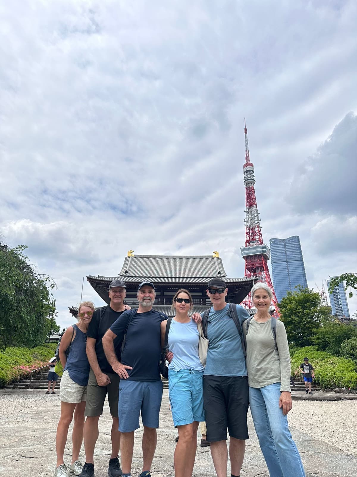 Guests at Zojoji Temple with Tokyo Tower behind